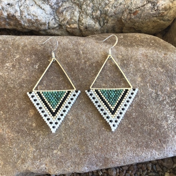 Turquoise Triangle Beaded Earrings, Handmade by Me - Picture 1 of 6